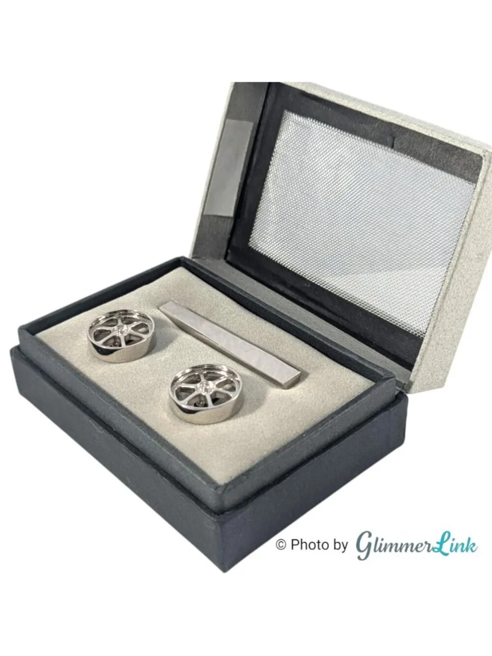 Vintage Sicura Wheel Cufflinks Tie Bar Automotive Silver Tone Boxed